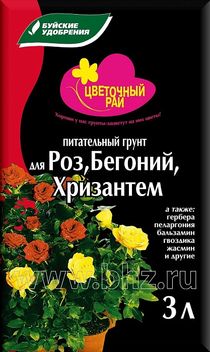 картинка Грунт Цветочный рай для Роз, бегоний, хризантем 3л (БХЗ) 6/540 магазин Одежда+ являющийся официальным дистрибьютором в России 